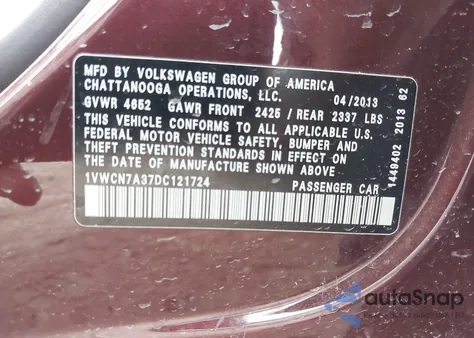 2013 Volkswagen Passat 2.0L Tdi Sel Premium z USA, uszkodzony, nr VIN 1VWCN7A37DC121724